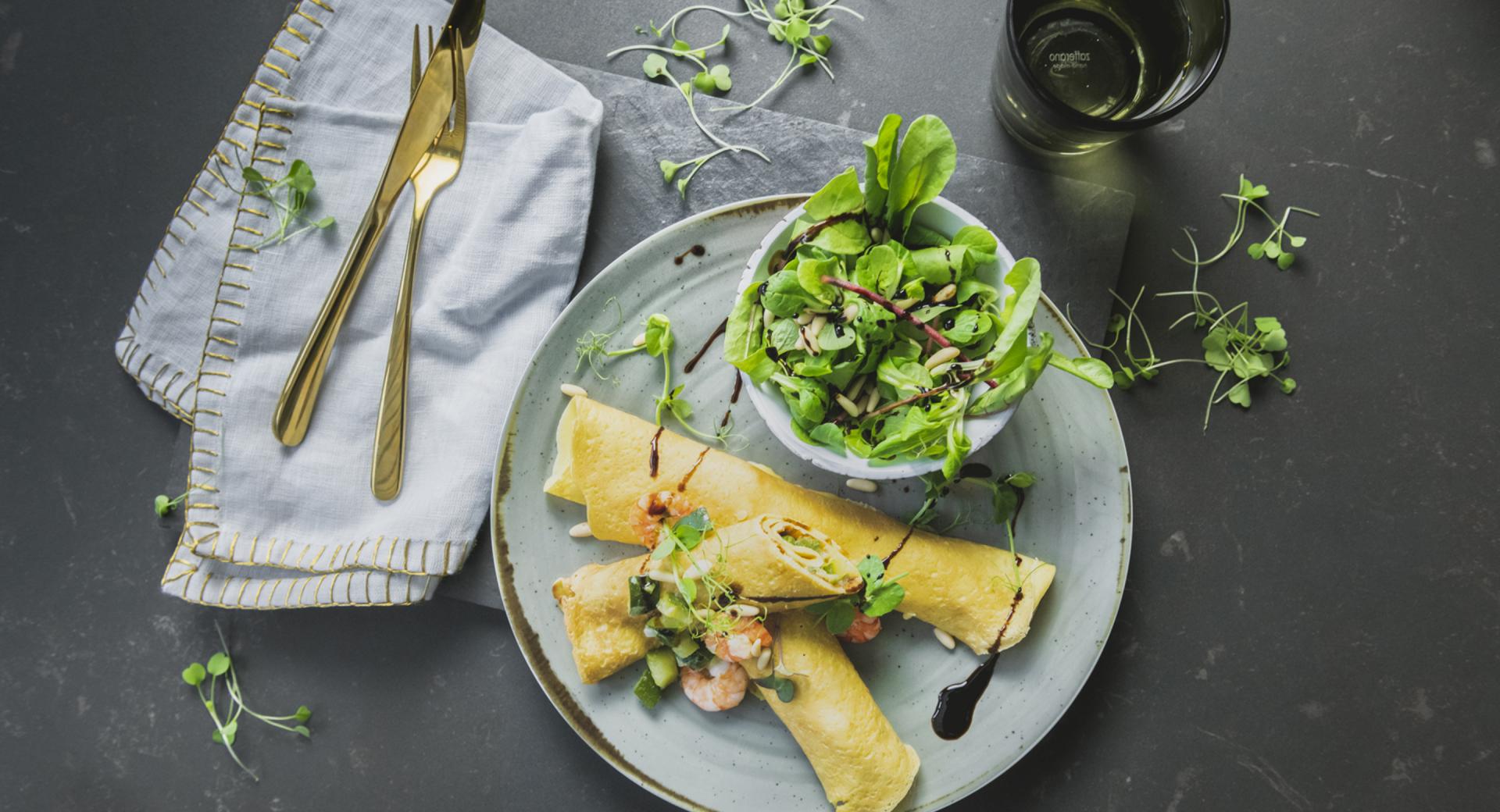 Crepes con calabacín y gambas