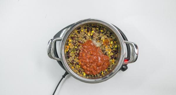 Añadir los tomates troceados y el caldo, y mezclarlo todo bien.Sazonar con sal, pimienta, pimienta cayena y cilantro.