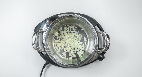Colocar las cebollas en una olla de 20 cm de 3,0 l. Colocar la olla en el Navigenio a temperatura máxima (nivel 6). Encender el Avisador (Audiotherm), colocarlo en el pomo (Visiotherm) y girar hasta que se muestre el símbolo de “chuleta”.