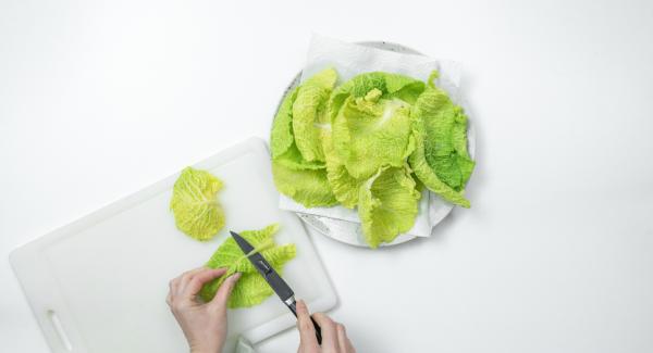 Secar las hojas de col con un trapo de cocina, cortar las rugosidades de las hojas gruesas hasta que queden lisas.