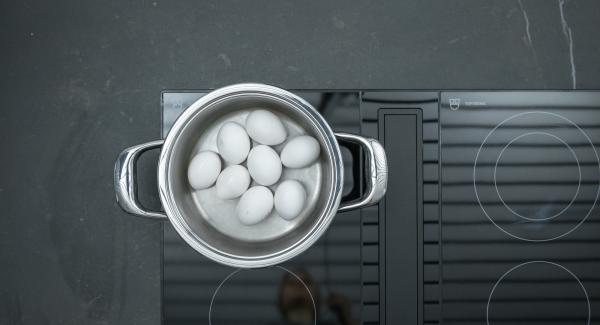 Introducir los huevos en una olla con 6 cucharadas de agua.Colocar la olla en el fuego a temperatura máxima. Encender el Avisador (Audiotherm) e introducir 10 minutos de tiempo de cocción. Colocarlo en el pomo (Visiotherm) y girar hasta que aparezca el símbolo de “zanahoria”.