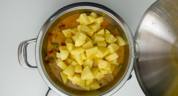 Cuando el Avisador (Audiotherm) emita un pitido al finalizar el tiempo de cocción, destapar, añadir las patatas y el caldo de pescado. Remover.