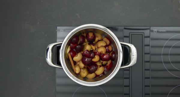 Desglasar con el zumo de manzana y cocer a fuego lento hasta que el azúcar se haya disuelto. Añadir las ciruelas, el palito de canela y la ralladura de limón.