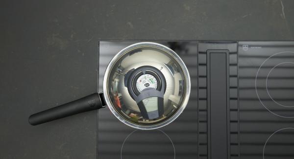 Colocar la sartén en el fuego a temperatura máxima. Encender el Avisador (Audiotherm), colocarlo en el pomo (Visiotherm) y girar hasta que se muestre el símbolo de “chuleta”.