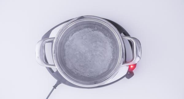 Verter el agua en la olla, colocar la olla en el Navigenio a temperatura máxima (nivel 6) y llevarla a ebullición. Salar, verter la harina y diluirla con un batidor para que no se formen grumos.