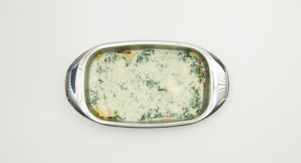 Comenzando por la boloñesa, se coloca todo alternativamente en la lasañera, se termina con la crema de espinacas y finalmente se espolvorea con queso parmesano. Hornear en el horno durante unos 30 minutos hasta que se dore.