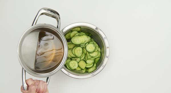 Introducir el pepino cortado en un bol, añadir la mezcla y sazonar al gusto con sal y pimienta. Dejar reposar durante 1 hora, escurrir y servir.