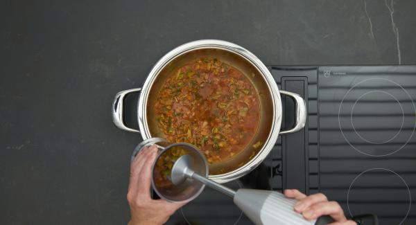 Retirar aproximadamente la mitad de la salsa de verduras, batir hasta obtener un puré y añadir. Sazonar al gusto, incorporar las albóndigas y cocer durante 5 minutos.