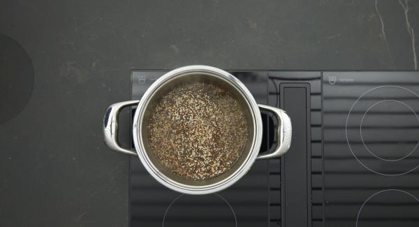 Cuando el Avisador emita un pitido al llegar a la ventana de “chuleta” y bajar la temperatura. Añadir la quinoa, la sal, remover y tapar.