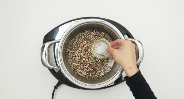 Añadir el agua, la quinoa y la sal en una olla. Colocar la olla en Navigenio y tapar con la Tapa Rápida.