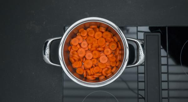 Colocar la olla en el fuego a temperatura máxima. Encender el Avisador (Audiotherm),  introducir 15 minutos de tiempo de cocción. Colocarlo en el pomo (Visiotherm) y girar hasta que se muestre el símbolo de “zanahoria”.