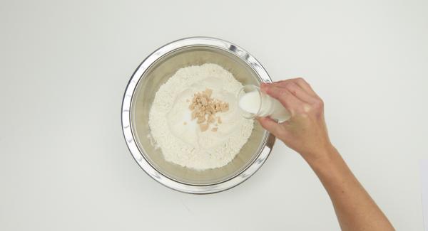 Para realizar la masa de Dumplings, en un bol, mezclar la harina y la sal. Hacer un hueco en el centro y desmenuzar la levadura en el interior. Mezclar la leche, un poco de harina y una cucharadita de azúcar, cubrir y dejar reposar durante unos 20 minutos.