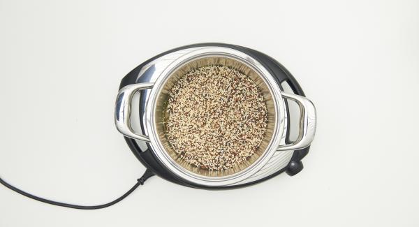 Mezclar la quinoa con 500 ml de caldo en la olla y tapar con la Tapa Rápida (Secuquick Softline). Colocarla en el Navigenio y seleccionar la función "A". Introducir "P" (= 20 segundos) de tiempo de cocción en el Avisador (Audiotherm) y girar hasta que aparezca el símbolo de “soft”.