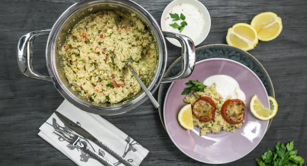 Cuscús de vegetales con tomate gratinado y toque de limón