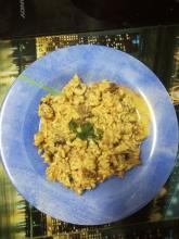 Rissotto con taquitos de jamón y setas de temporada al cava